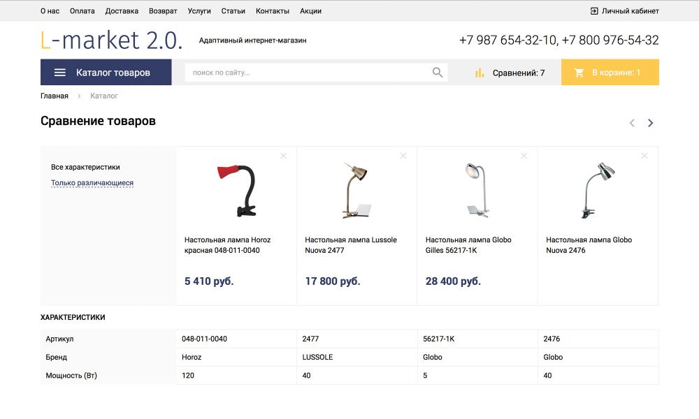 Адаптивный интернет-магазин товаров для света, люстр, светильников, освещения «Luster-market 2.0»